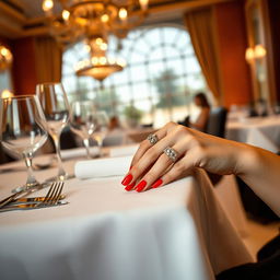A glamorous shot of a model's hands elegantly resting on a beautifully set dining table in a restaurant