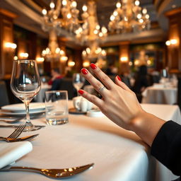 A glamorous shot of a model's hands elegantly resting on a beautifully set dining table in a restaurant