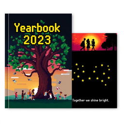 A detailed yearbook cover design featuring both the front and back, crafted in a captivating pixel art style
