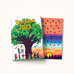 A detailed yearbook cover design featuring both the front and back, crafted in a captivating pixel art style