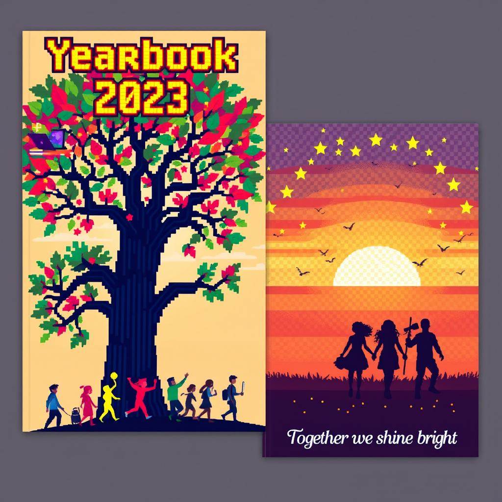 A detailed yearbook cover design featuring both the front and back, crafted in a captivating pixel art style
