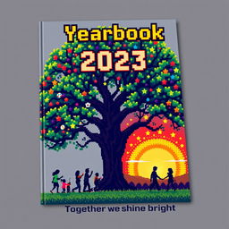A detailed yearbook cover design featuring both the front and back, crafted in a captivating pixel art style