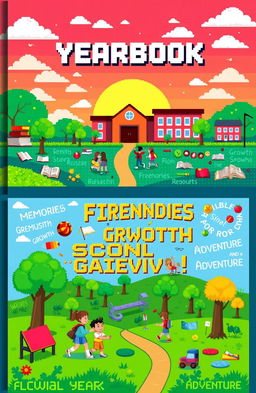 A creative yearbook cover design featuring pixel art style, depicting a vibrant school scene filled with various school-related elements like books, school buildings, and students engaging in activities