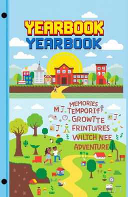A creative yearbook cover design featuring pixel art style, depicting a vibrant school scene filled with various school-related elements like books, school buildings, and students engaging in activities