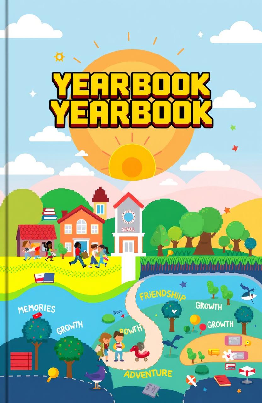 A creative yearbook cover design featuring pixel art style, depicting a vibrant school scene filled with various school-related elements like books, school buildings, and students engaging in activities