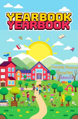 A creative yearbook cover design featuring pixel art style, depicting a vibrant school scene filled with various school-related elements like books, school buildings, and students engaging in activities