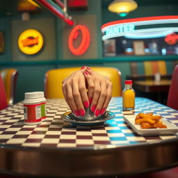 A stylish image of a model's hands positioned atop a vintage diner table, featuring classic diner elements like a checkerboard tablecloth and retro condiments