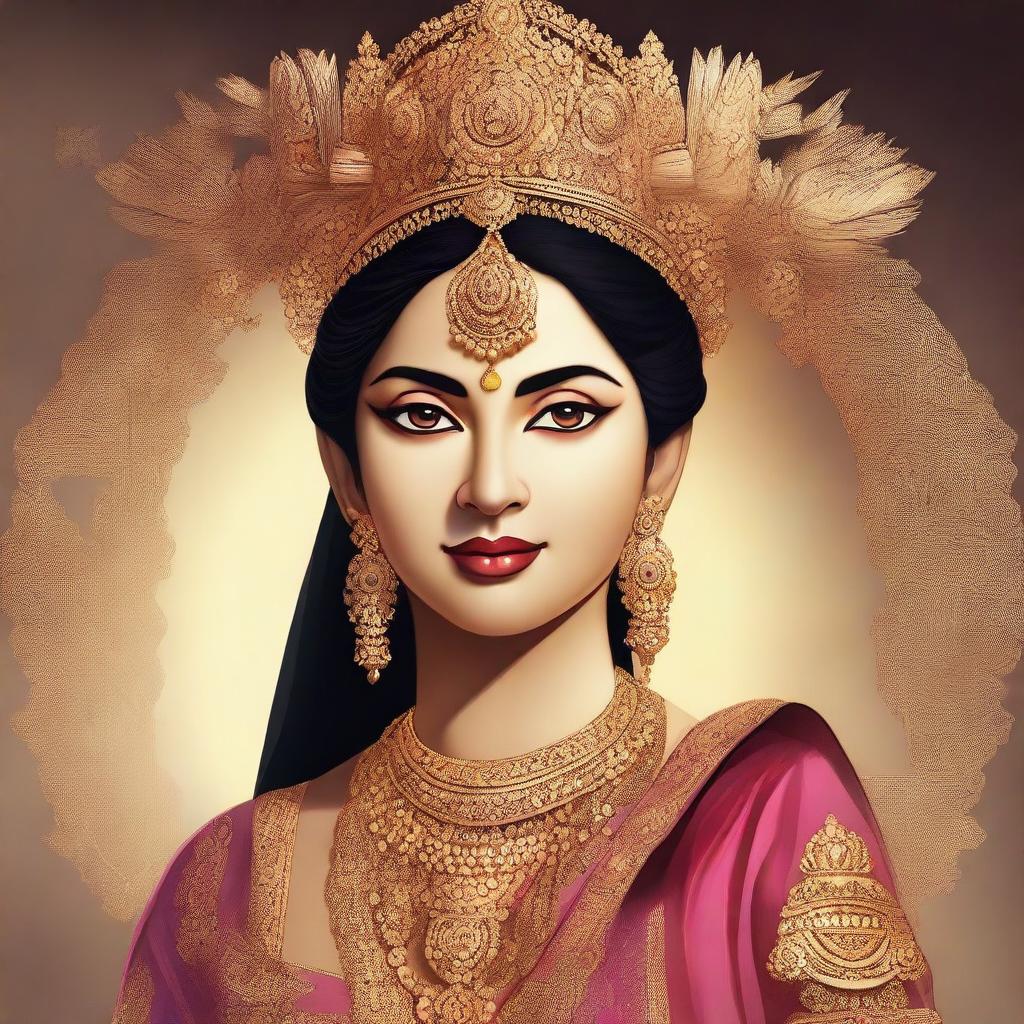 This is a high-quality digital art piece that showcases the full body of Sita from Ramayana, dressed in a glamorous and traditional costume