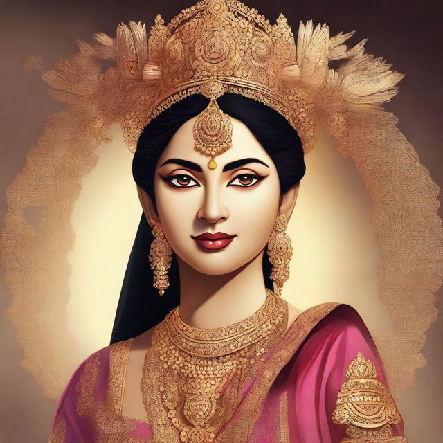 This is a high-quality digital art piece that showcases the full body of Sita from Ramayana, dressed in a glamorous and traditional costume