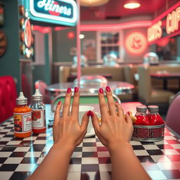 A stylish image of a model's hands positioned atop a vintage diner table, featuring classic diner elements like a checkerboard tablecloth and retro condiments