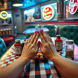 A stylish image of a model's hands positioned atop a vintage diner table, featuring classic diner elements like a checkerboard tablecloth and retro condiments