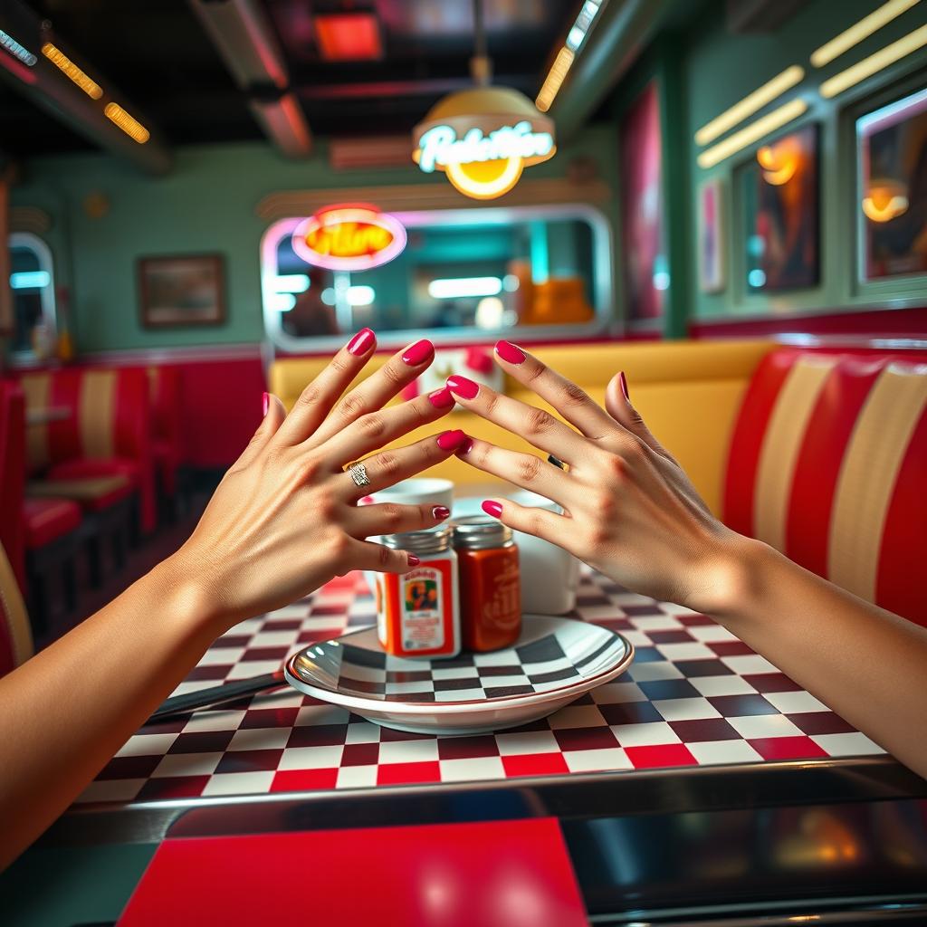 A stylish image of a model's hands positioned atop a vintage diner table, featuring classic diner elements like a checkerboard tablecloth and retro condiments