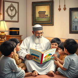 A serene and heartwarming scene depicting a grandfather sitting in a cozy room adorned with Islamic art and decorations, reading a colorful children's book to his attentive grandchildren