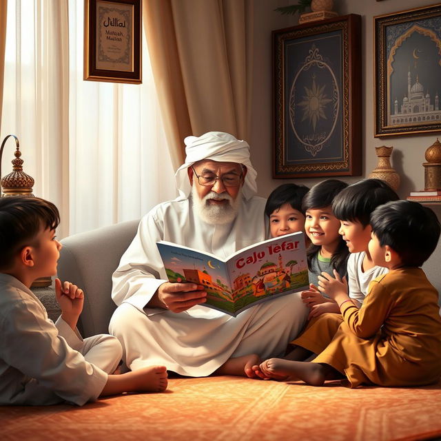 A serene and heartwarming scene depicting a grandfather sitting in a cozy room adorned with Islamic art and decorations, reading a colorful children's book to his attentive grandchildren