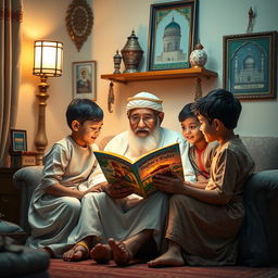 A serene and heartwarming scene depicting a grandfather sitting in a cozy room adorned with Islamic art and decorations, reading a colorful children's book to his attentive grandchildren