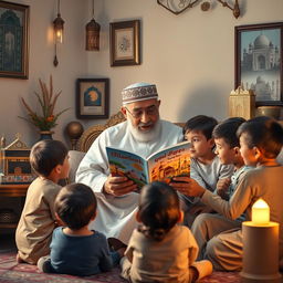 A serene and heartwarming scene depicting a grandfather sitting in a cozy room adorned with Islamic art and decorations, reading a colorful children's book to his attentive grandchildren