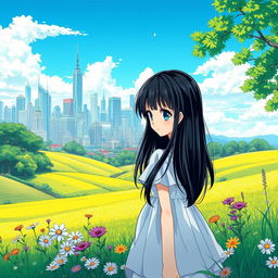 A picturesque countryside landscape in the foreground, showcasing lush green fields and blooming wildflowers, with a vibrant urban city skyline in the background bustling with high-rise buildings and modern architecture