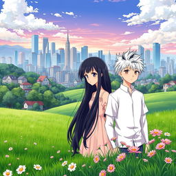 A picturesque countryside landscape in the foreground, showcasing lush green fields and blooming wildflowers, with a vibrant urban city skyline in the background bustling with high-rise buildings and modern architecture