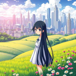 A picturesque countryside landscape in the foreground, showcasing lush green fields and blooming wildflowers, with a vibrant urban city skyline in the background bustling with high-rise buildings and modern architecture
