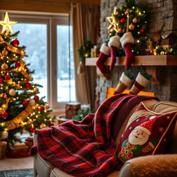 A cozy Christmas scene in a warm, decorated living room, featuring a beautifully adorned Christmas tree with twinkling lights, colorful ornaments, and topped with a shining star