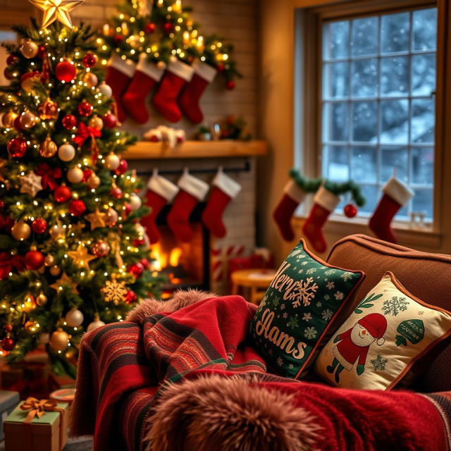 A cozy Christmas scene in a warm, decorated living room, featuring a beautifully adorned Christmas tree with twinkling lights, colorful ornaments, and topped with a shining star