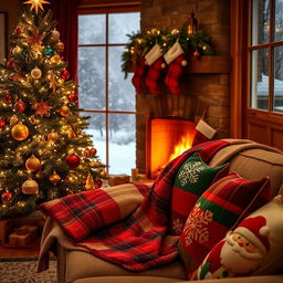 A cozy Christmas scene in a warm, decorated living room, featuring a beautifully adorned Christmas tree with twinkling lights, colorful ornaments, and topped with a shining star
