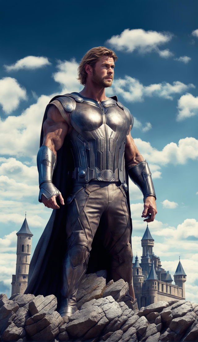 This is a realistic digital art image featuring actor Chris Hemsworth standing on a floating boulder with a grand, detailed castle as the backdrop