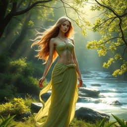 A beautiful, ethereal female figure standing gracefully, surrounded by a serene natural landscape, featuring soft sunlight filtering through the trees, creating a magical atmosphere