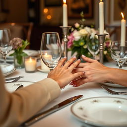 An inviting scene featuring a woman's hands gracefully resting on a dining table set for a meal