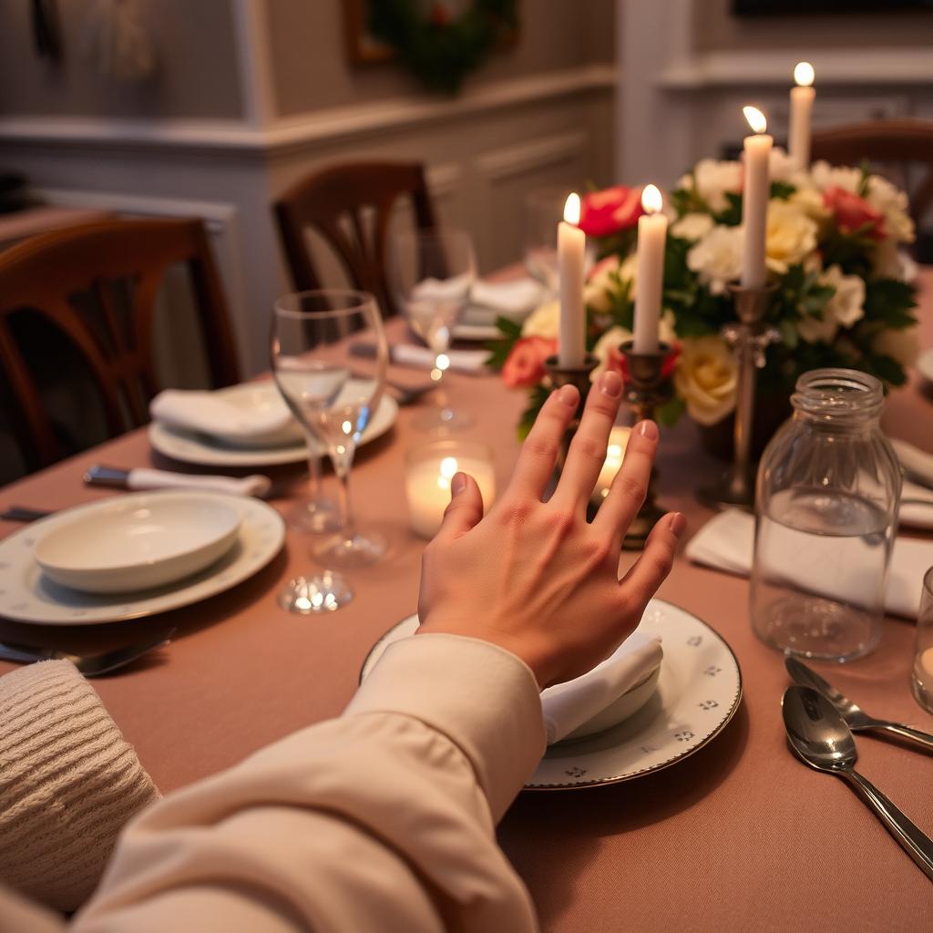An inviting scene featuring a woman's hands gracefully resting on a dining table set for a meal