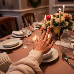 An inviting scene featuring a woman's hands gracefully resting on a dining table set for a meal