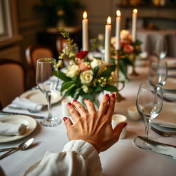 An inviting scene featuring a woman's hands gracefully resting on a dining table set for a meal