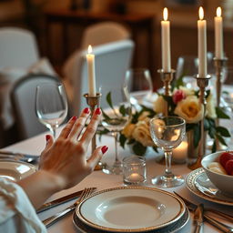 An inviting scene featuring a woman's hands gracefully resting on a dining table set for a meal