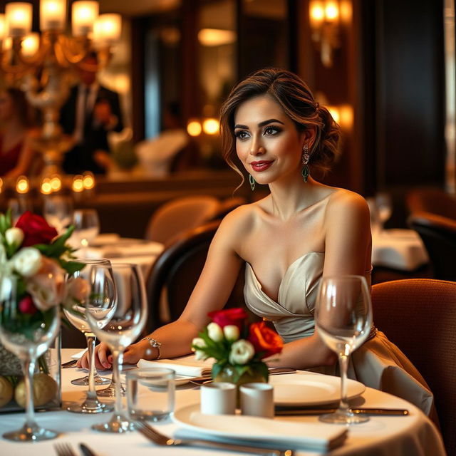 A captivating scene of a woman enjoying a sophisticated dinner at a beautifully appointed restaurant