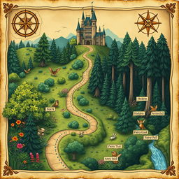 A beautifully illustrated map leading from an enchanting castle into a mystical forest