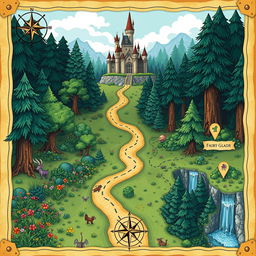 A beautifully illustrated map leading from an enchanting castle into a mystical forest