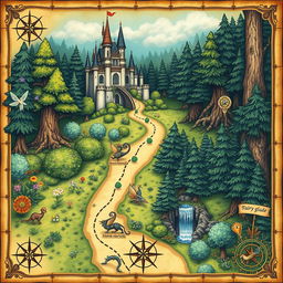 A beautifully illustrated map leading from an enchanting castle into a mystical forest