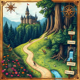 A beautifully illustrated map leading from an enchanting castle into a mystical forest