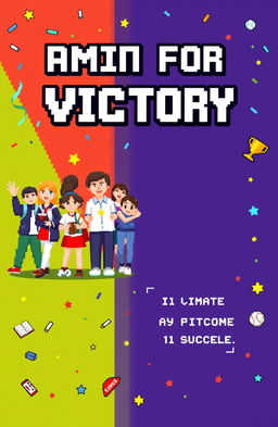 A high school yearbook cover design in pixel art style that symbolizes ambition for victory