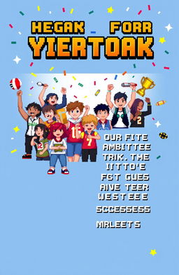 A high school yearbook cover design in pixel art style that symbolizes ambition for victory
