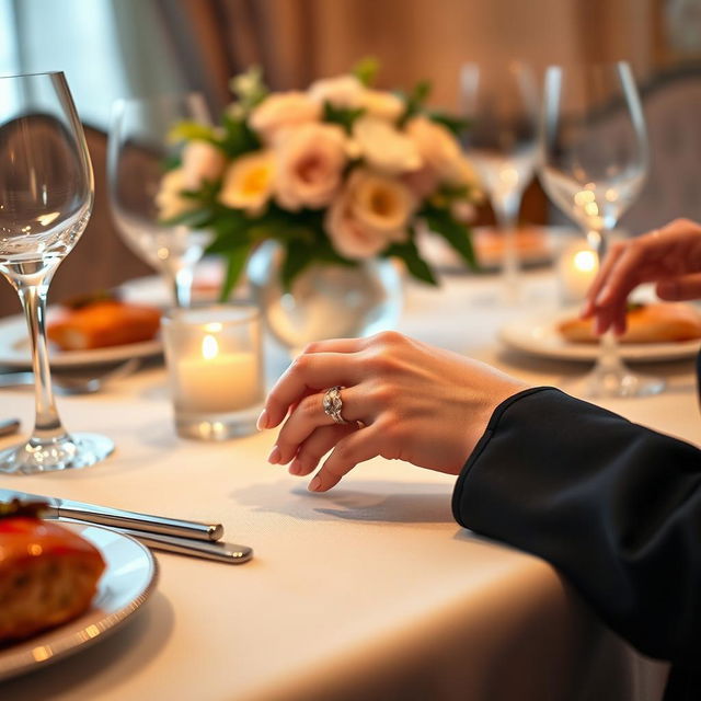 A beautifully detailed image of a woman at dinner, showcasing her hands elegantly placed on the table