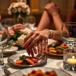 A beautifully detailed image of a woman at dinner, showcasing her hands elegantly placed on the table