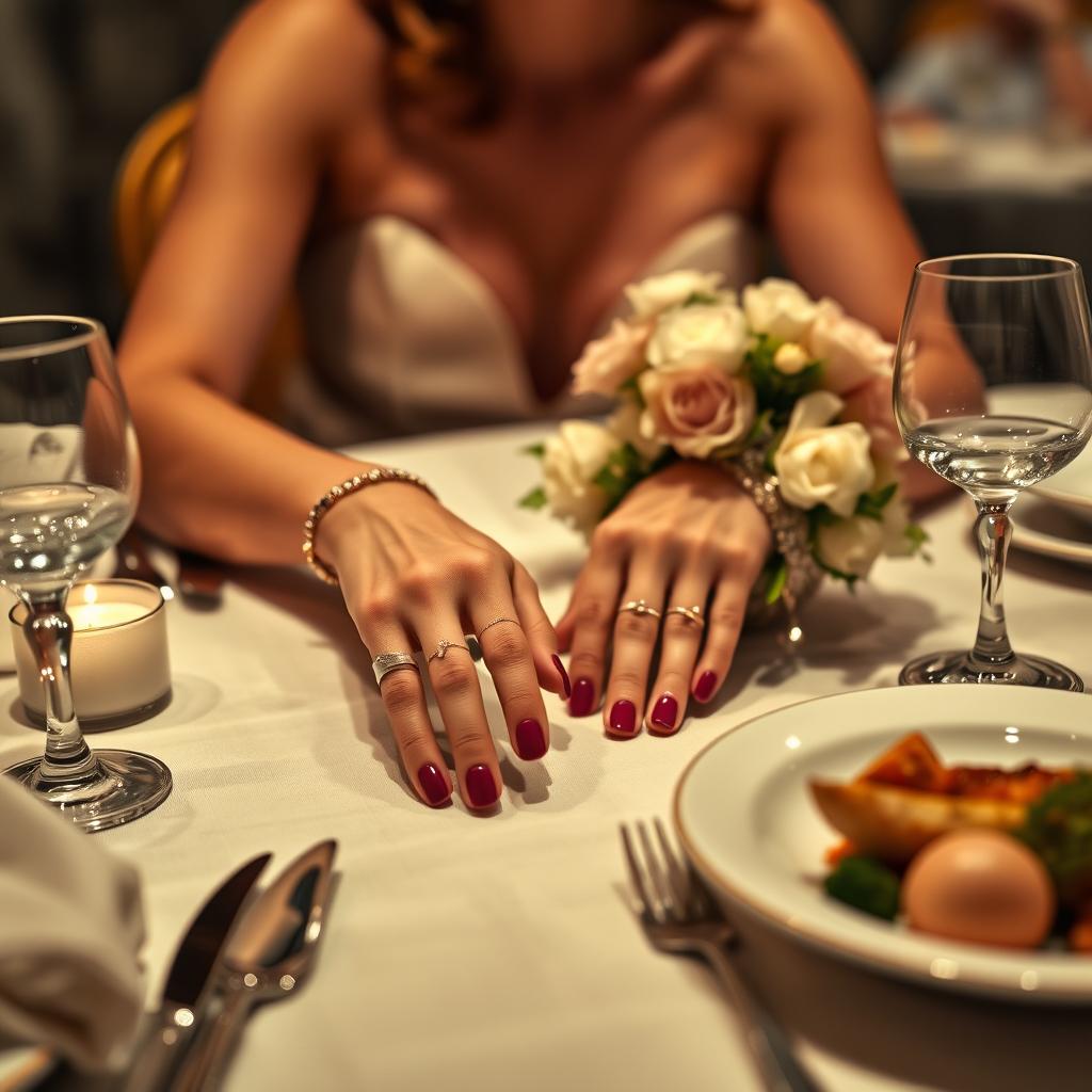 A beautifully detailed image of a woman at dinner, showcasing her hands elegantly placed on the table