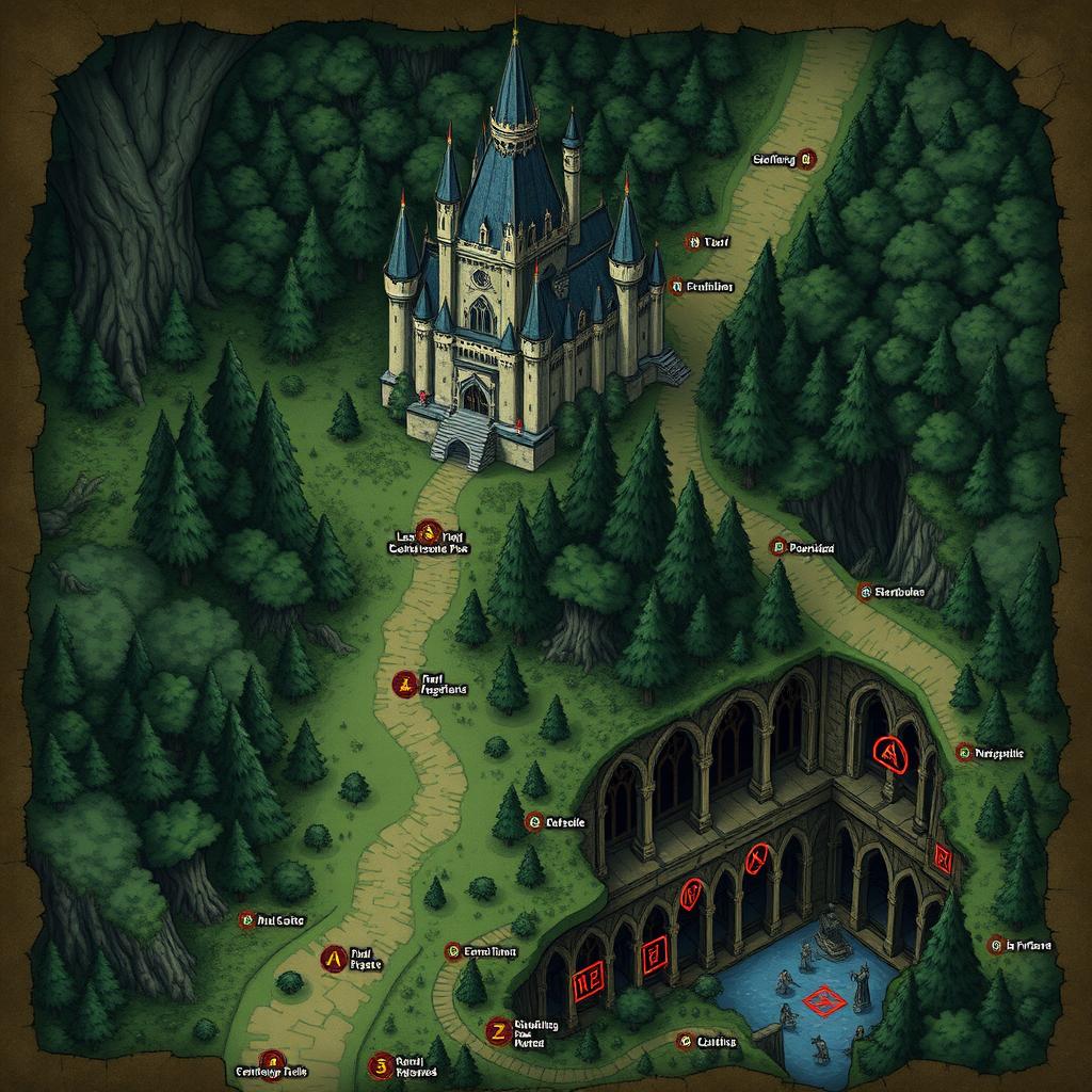 A beautifully illustrated fantasy map leading from a majestic castle into an expansive, dark forest, and further connecting to mysterious catacombs