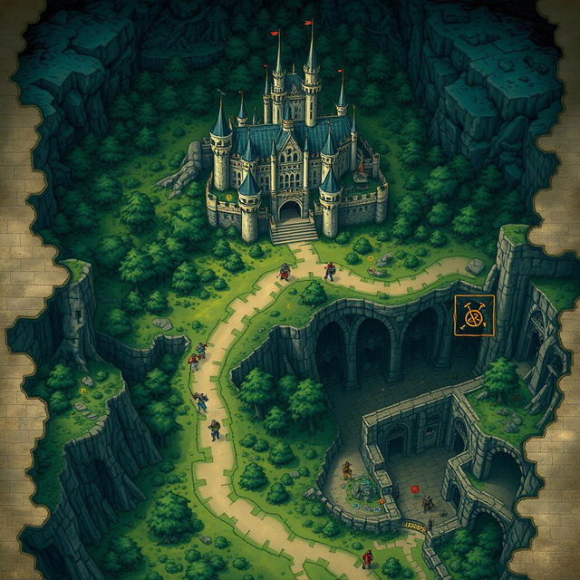 A beautifully illustrated fantasy map leading from a majestic castle into an expansive, dark forest, and further connecting to mysterious catacombs