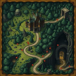 A beautifully illustrated fantasy map leading from a majestic castle into an expansive, dark forest, and further connecting to mysterious catacombs