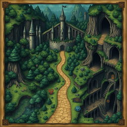 A beautifully illustrated fantasy map leading from a majestic castle into an expansive, dark forest, and further connecting to mysterious catacombs