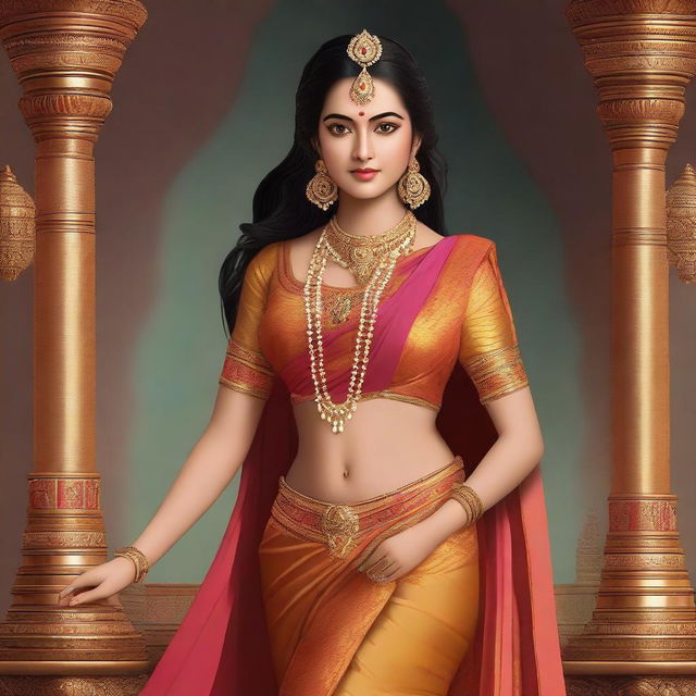 This is a high-resolution digital art image, presenting a full-body depiction of Sita from Ramayana, from head to foot