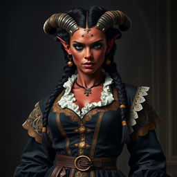 A tall, strong tiefling woman with dark red skin, twisted horns, and completely black eyes stands confidently