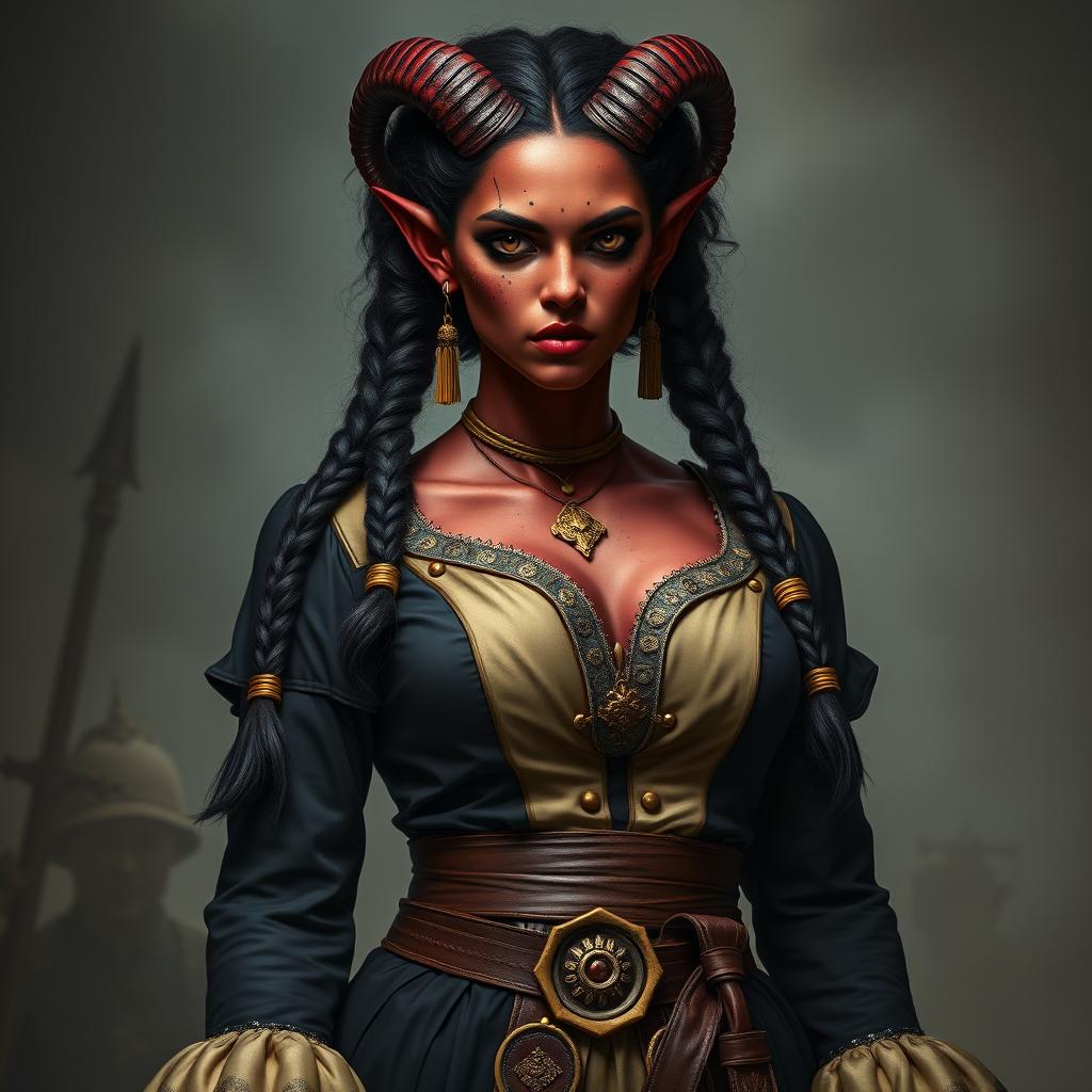 A tall, strong tiefling woman with dark red skin, twisted horns, and completely black eyes stands confidently